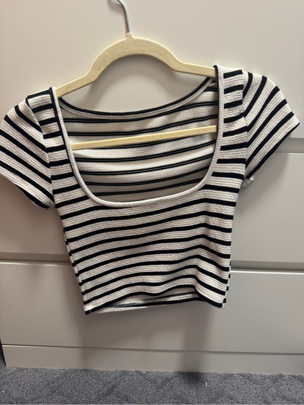 Pink Rose Black & White Striped Scoop Crop Top